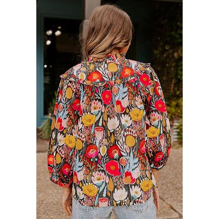 Black Floral 3/4 Puff Sleeve Tied Neck Blouse