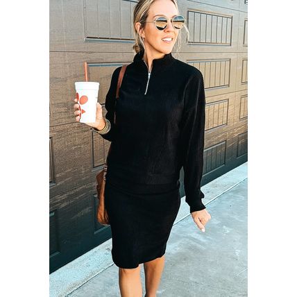 Black Ribbed Zip Stand Neck Drop Shoulder Pullover Bodycon Skirt 2pcs Set