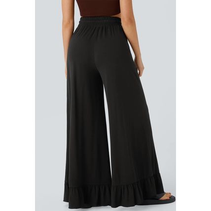 Black Ruffled Wide Leg Pull On High Waist Pants with Pockets