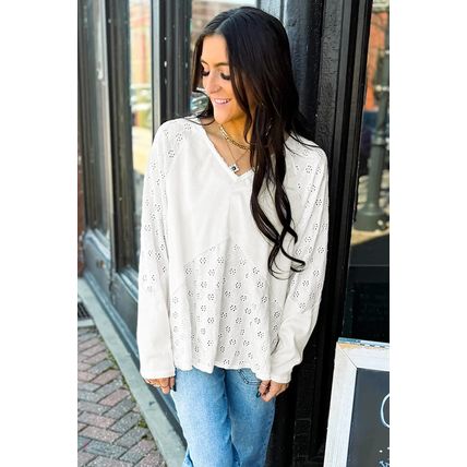 White Twisted Rib Patchwork Embroidered Loose V Neck Long Sleeve Top