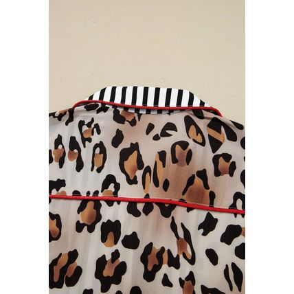 Khaki Leopard Print Colorblock Striped Edge Shirt and Pants Pajama Set