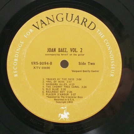 JOAN BAEZ Vol. 2 Vanguard LP Vinyl Album 1961 VRS-9094-B (P3)