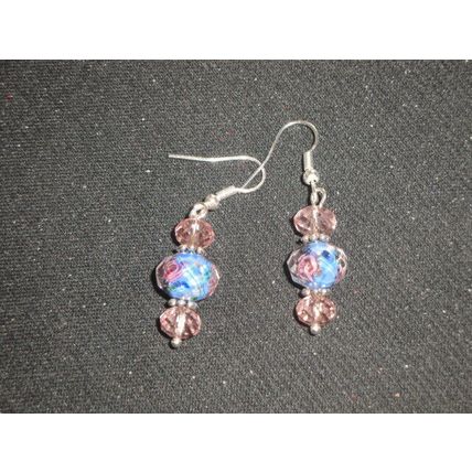 Special handmade blue with purple flower & pink crystal glass drop earrings