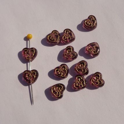 12 Purple Pressed Glass Heart Beads 10mm Gold Design Craft bd047