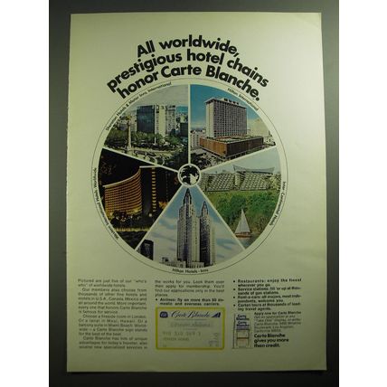 1970 Carte Blanche Card Ad - All worldwide, prestigious hotel chains honor