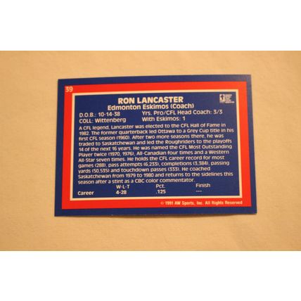 Bob Lancaster 1991 AW Sport All-World CFL NO. 39