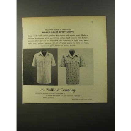 1954 A. Sulka Sport Shirts Ad - Enjoy the leisure of summer