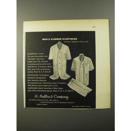 1954 A. Sulka Sleeping Coat and Pullover Pajamas Ad - Men's Summer Sleepwear