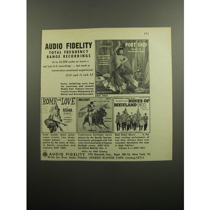 1957 Audio Fidelity Records Ad - Port Said; Rome with Love; Bullfight!