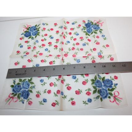 MCM Gift VTG Linen Handkerchief Roses Floral Pattern Rare Blue Rose Pink Ribbon