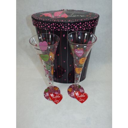 Mint Condition Lolita Hand Painted Champagne Flutes " Love " Set of Two