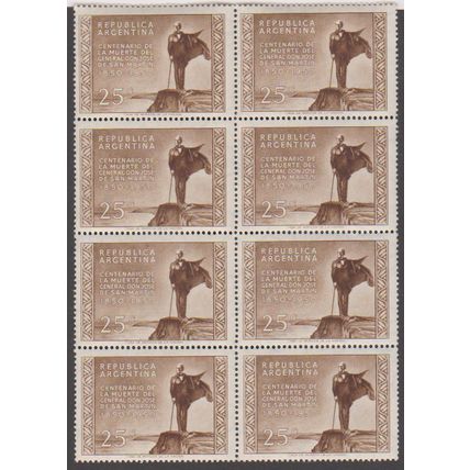 Argentina 1950 San Martin Centenary block of 8 x M 25 c brown SG AR815