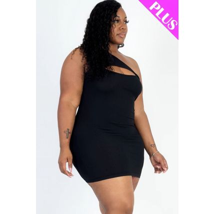 Plus Size Ribbed One Shoulder Cutout Front Casual Mini Bodycon Dress