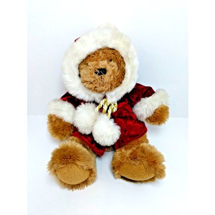 Just Friends 14" Fuzzy Brown Christmas Bear Velvet Robed Gold Pom Pom Santa Hat