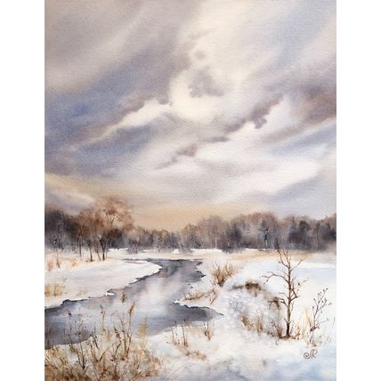 Landscape Watercolor Original Painting Winter