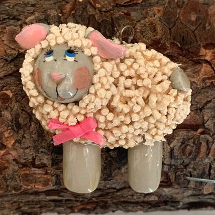 Darling VTG 70s Salt Dough Ornament Girl Sheep W Blue Eyes Pink Cheeks Ears 2.25