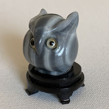 Grey Banded Agate Owl Figurine W Stand Vintage Fine Chinese Animal Carving 1.4"