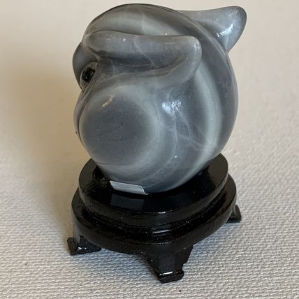 Grey Banded Agate Owl Figurine W Stand Vintage Fine Chinese Animal Carving 1.4"