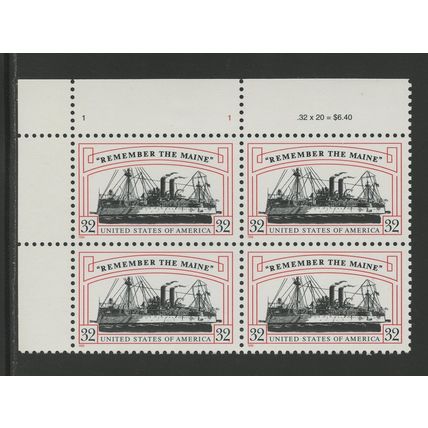 US 3192, 1998 32c "Remember the Maine," UL PBof4, VF, MNH, (US282)