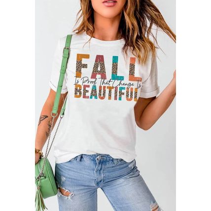 White FALL BEAUTIFUL Leopard Print Short Sleeve T Shirt