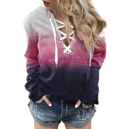 Pink Gradient Lace Up Long Sleeve Pullover Hoodie