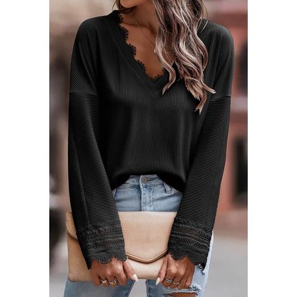 Black Ribbed Texture Lace Trim V Neck Long Sleeve Top