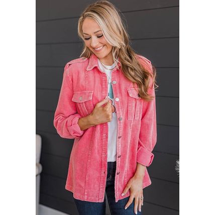 Pink Buttoned Flap Pocket Corduroy Jacket