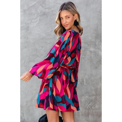 Red Abstract Printed Belted Puff Sleeve Mini Dress