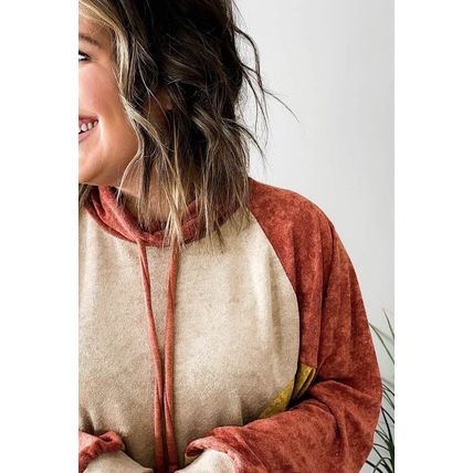 Orange Plus Size Colorblock Raglan Hoodie with Pockets