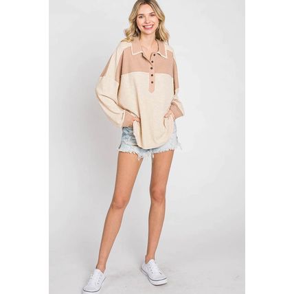 Apricot Oversized Knit Top With Waffle Contrast