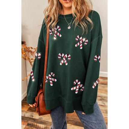 Duffel Green Christmas Sequin Cane Crewneck Oversized Sweatshirt
