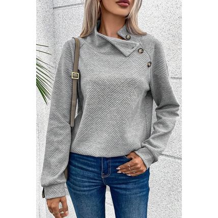 Gray Asymmetric Buttons Detail High Neck Textured Sweatshirt