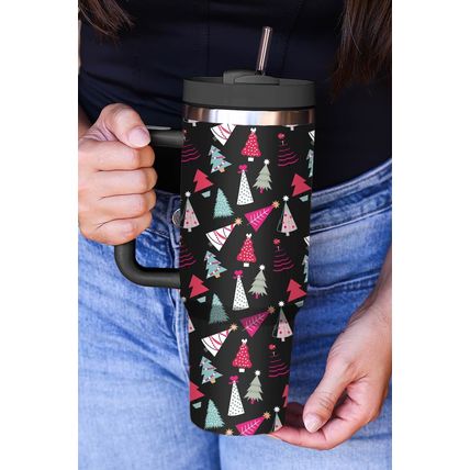 Black Cartoon Christmas Tree Printed Thermos Cup