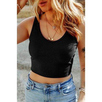 Black Ribbed Knit Sheath Sleeveless Crop Top