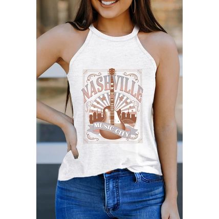 White NASHVILLE MUSIC CITY Guitar Graphic Tank Top