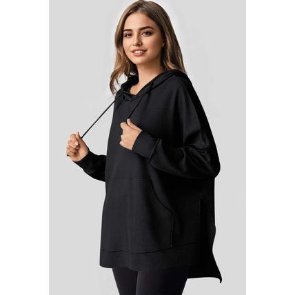 Black Waffle Knit Fleece Lined High Low Oversized Hoodie