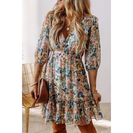 Sky Blue Floral 3/4 Sleeve V Neck High Waist Ruffled Dress