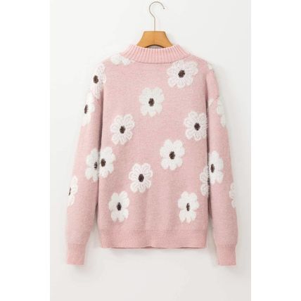 Pink Floral Pattern Half Zip Drop Shoulder Sweater