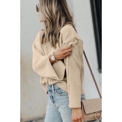 Parchment Solid Textured Knit Split Cuff Drop Shoulder Loose Sweater