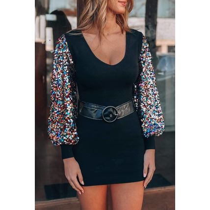 Black Sequin Bishop Sleeve U Neck Mini Sweater Dress
