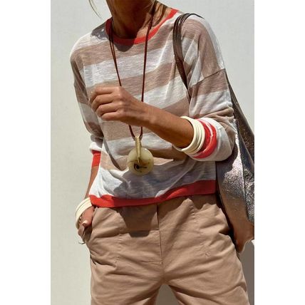 Apricot Colorblock Striped Round Neck Drop Shoulder Sweater