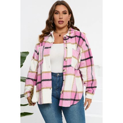 Pink Plaid Color Block Buttoned Long Sleeve Jacket with Pocket