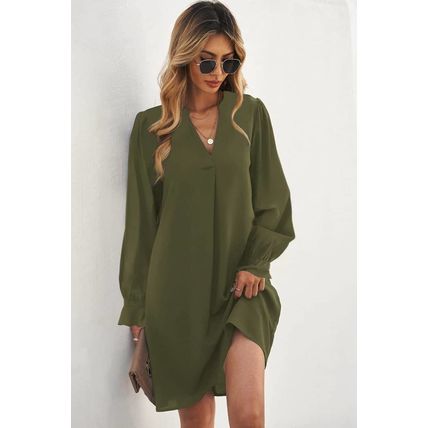 Green Split V Neck Ruffled Sleeves Shirt Dress