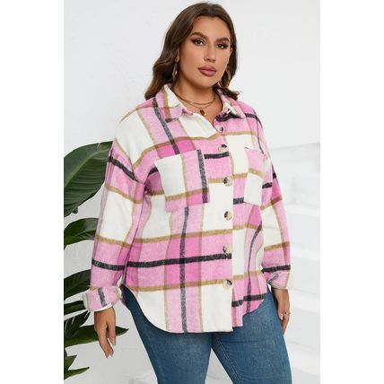 Pink Plaid Color Block Buttoned Long Sleeve Jacket with Pocket