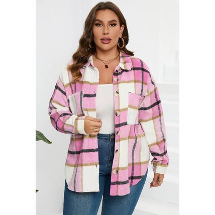 Pink Plaid Color Block Buttoned Long Sleeve Jacket with Pocket