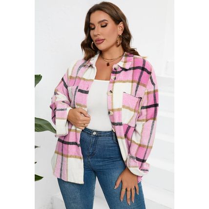 Pink Plaid Color Block Buttoned Long Sleeve Jacket with Pocket