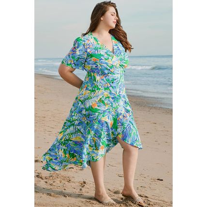 Green Leaves Print Short Sleeve Surplice Neck Ruffled Trim Plus Size Maxi Dress