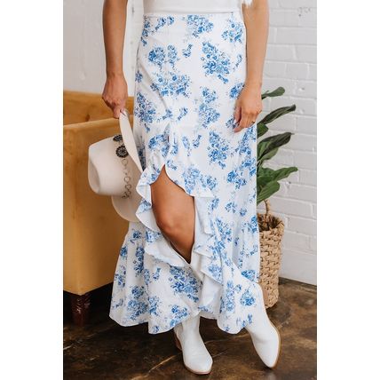 Sky Blue Boho Floral High Waist Ruffle Split Maxi Skirt