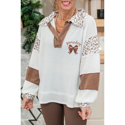 White game day Rugby Bow Embroidered Graphic Leopard Collar Color Block Patchwor