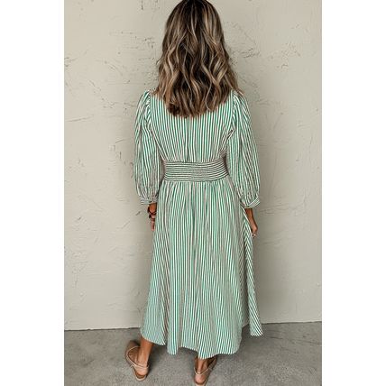 Green Stripe V Neck Zip Front Cinched High Waist Midi Dress